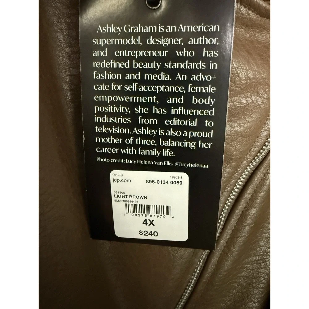 New Ashley Graham Women 4X Brown Faux Leather Midweight Motorcycle Jacket